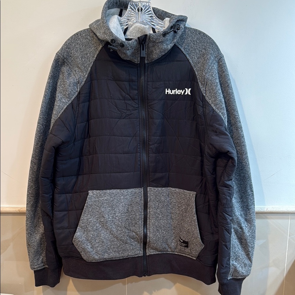 Hurley Men's Black and Heather Gray Puffer Jacket
